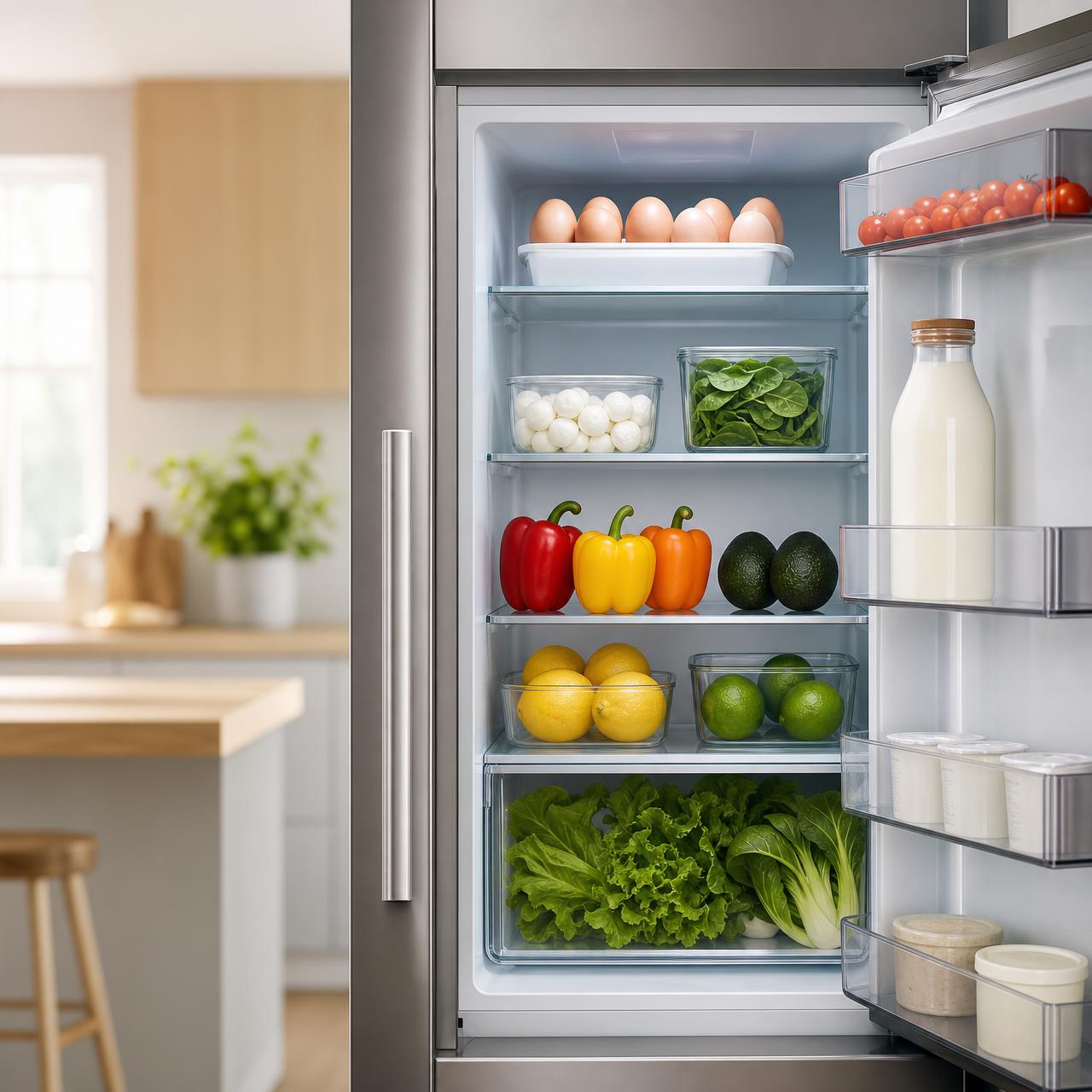 Geöffneter Kühlschrank mit frischen Lebensmitteln